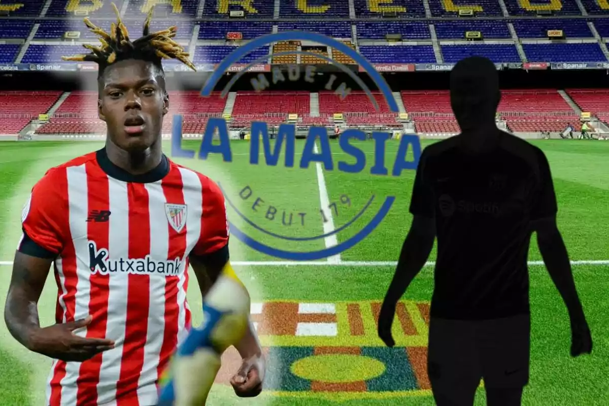 Un jugador del Athletic Club con el estadio Camp Nou de fondo y un logo de La Masia.