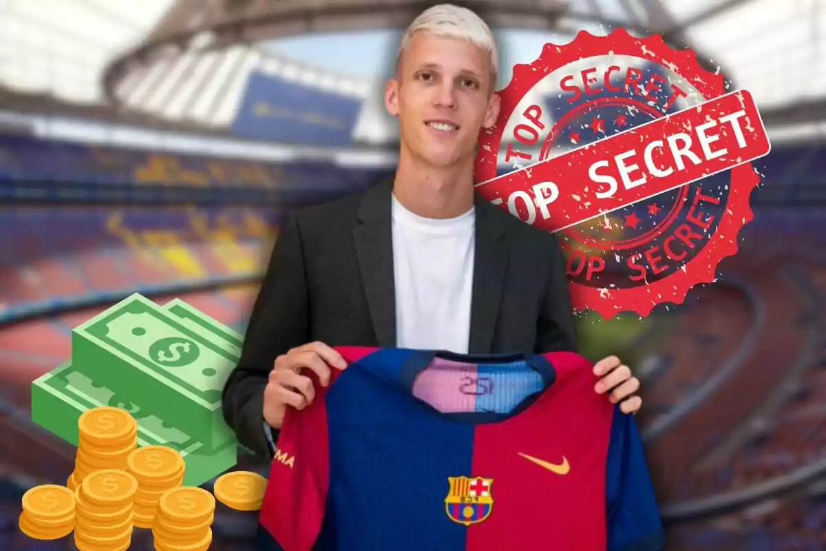 Un hombre sosteniendo una camiseta de fútbol del FC Barcelona con un sello de "Top Secret" y gráficos de dinero en el fondo.