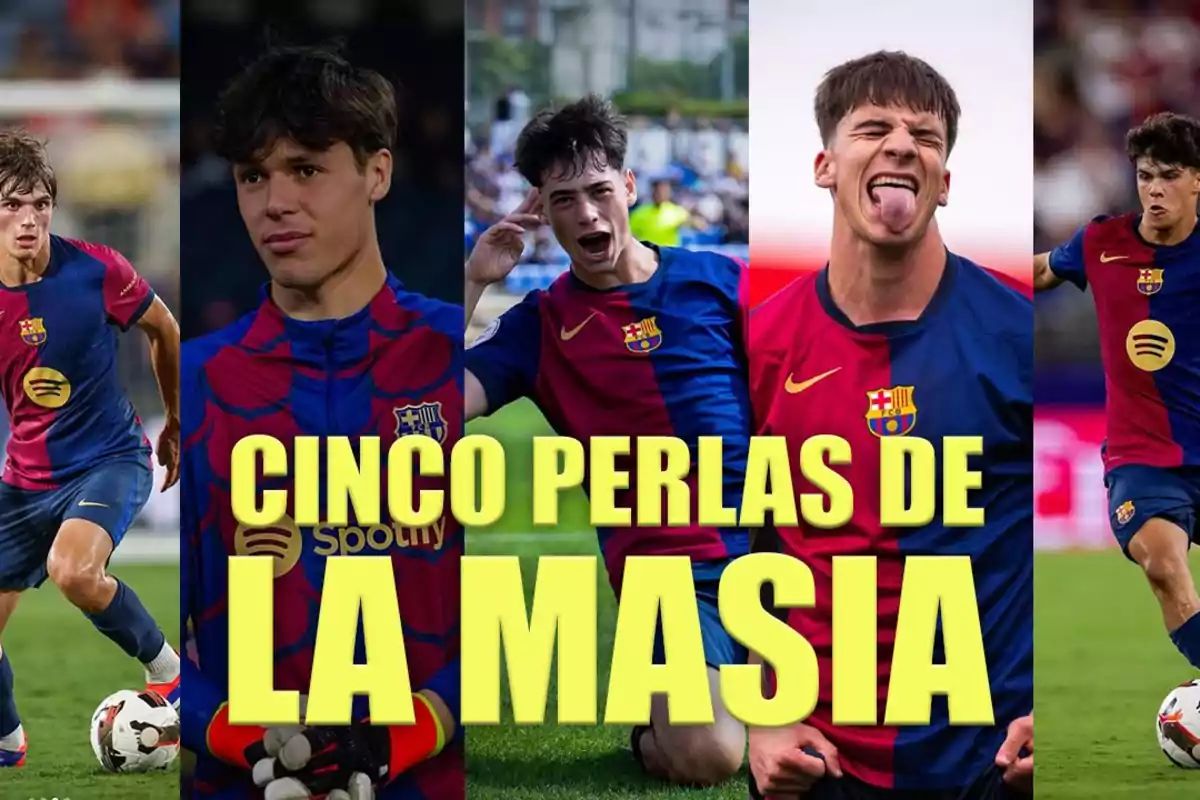 Five young footballers from FC Barcelona in different poses with the text "Five Pearls of La Masia".